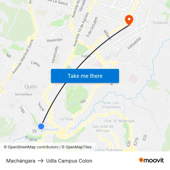 Machángara to Udla Campus Colon map