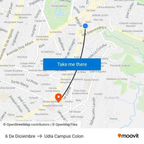 6 De Diciembre to Udla Campus Colon map