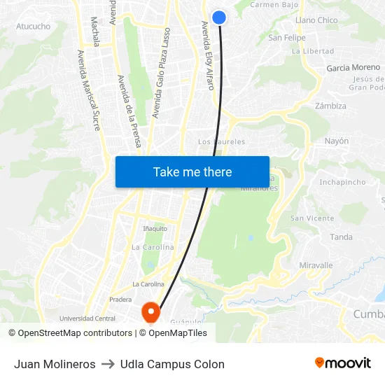 Juan Molineros to Udla Campus Colon map