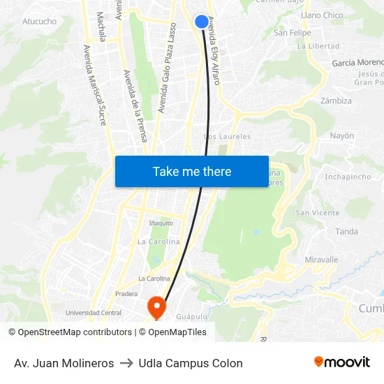 Av. Juan Molineros to Udla Campus Colon map