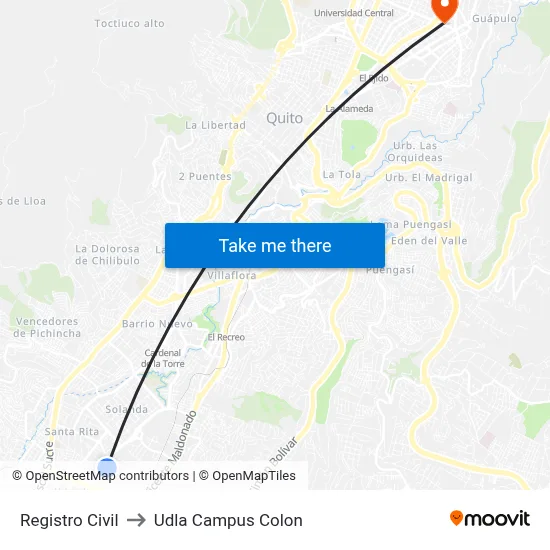 Registro Civil to Udla Campus Colon map