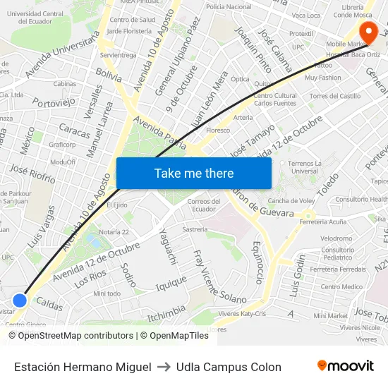 Estación Hermano Miguel to Udla Campus Colon map