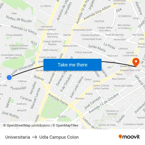 Universitaria to Udla Campus Colon map
