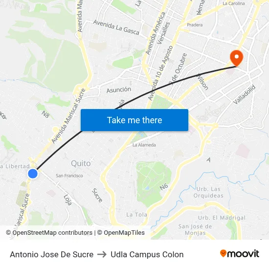 Antonio Jose De Sucre to Udla Campus Colon map