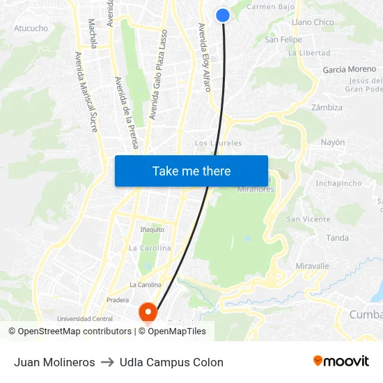 Juan Molineros to Udla Campus Colon map