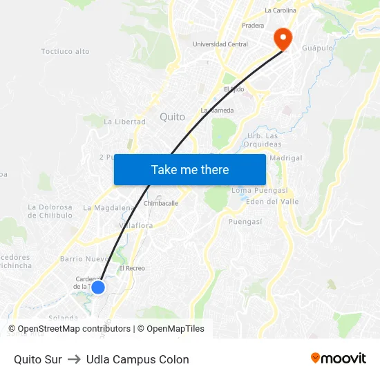 Quito Sur to Udla Campus Colon map
