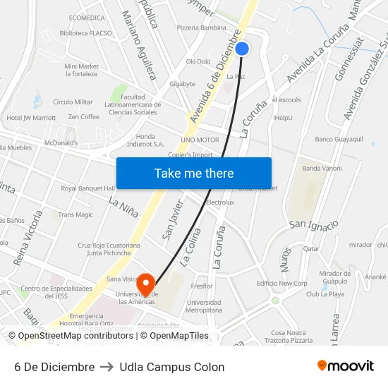 6 De Diciembre to Udla Campus Colon map