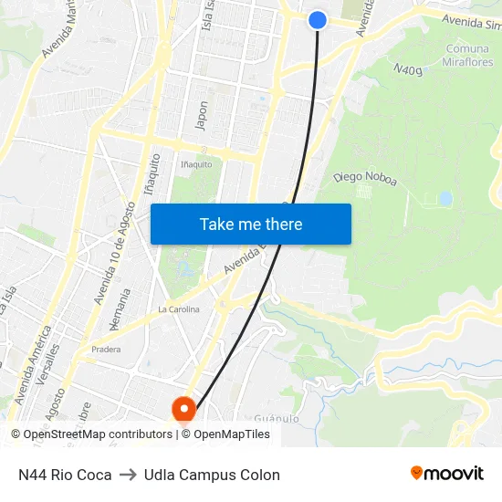 N44 Rio Coca to Udla Campus Colon map