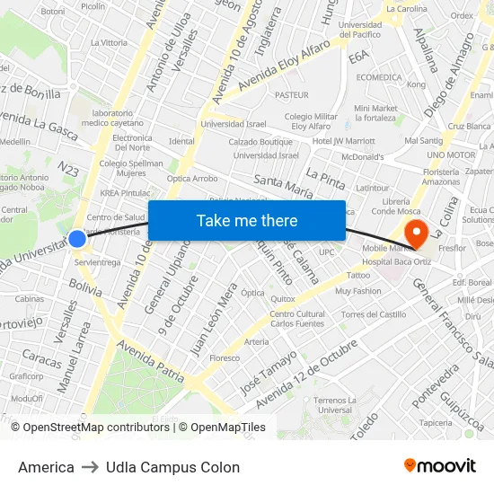 America to Udla Campus Colon map