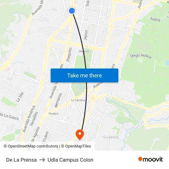De La Prensa to Udla Campus Colon map