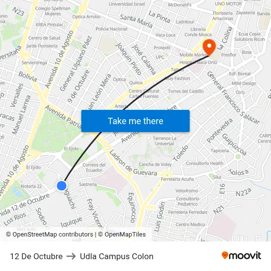 12 De Octubre to Udla Campus Colon map