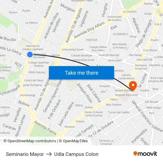 Seminario Mayor to Udla Campus Colon map