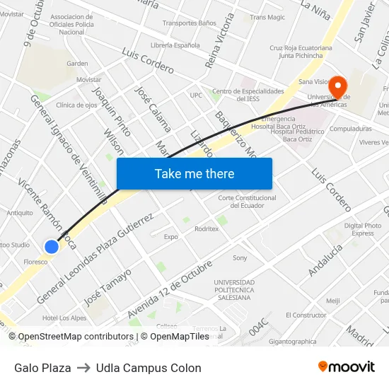 Galo Plaza to Udla Campus Colon map