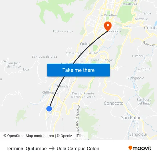 Terminal Quitumbe to Udla Campus Colon map