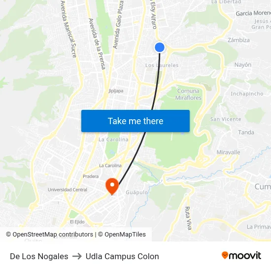 De Los Nogales to Udla Campus Colon map
