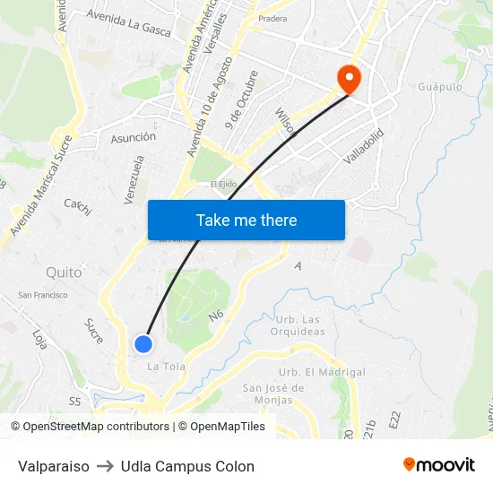 Valparaiso to Udla Campus Colon map