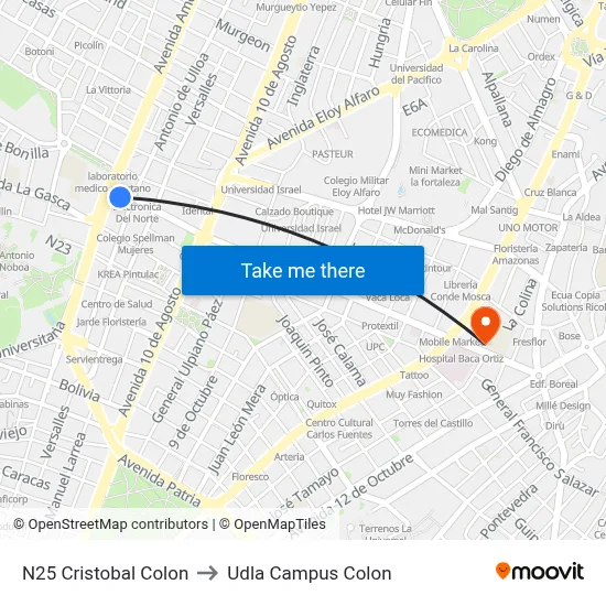 N25 Cristobal Colon to Udla Campus Colon map