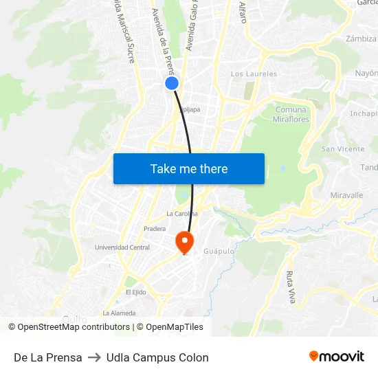 De La Prensa to Udla Campus Colon map