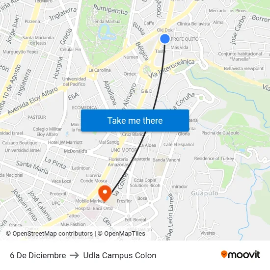 6 De Diciembre to Udla Campus Colon map