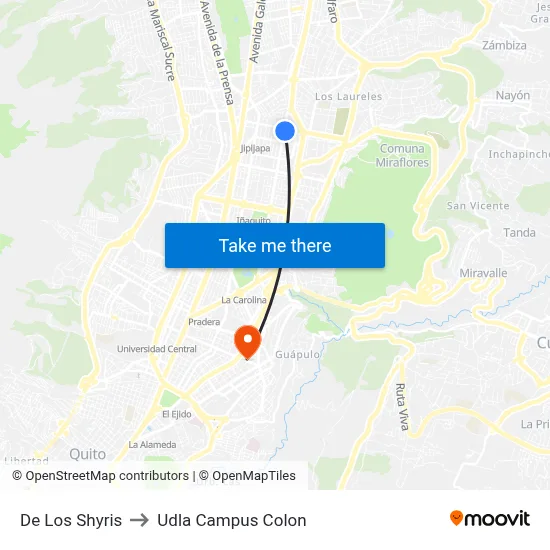 De Los Shyris to Udla Campus Colon map