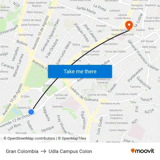 Gran Colombia to Udla Campus Colon map