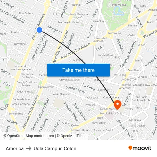 America to Udla Campus Colon map