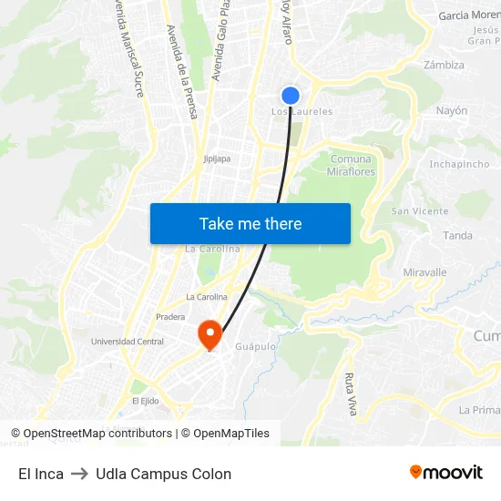 El Inca to Udla Campus Colon map