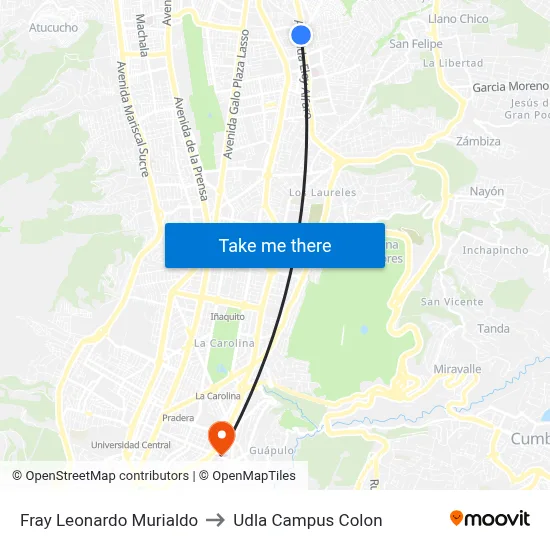 Fray Leonardo Murialdo to Udla Campus Colon map