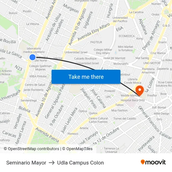 Seminario Mayor to Udla Campus Colon map