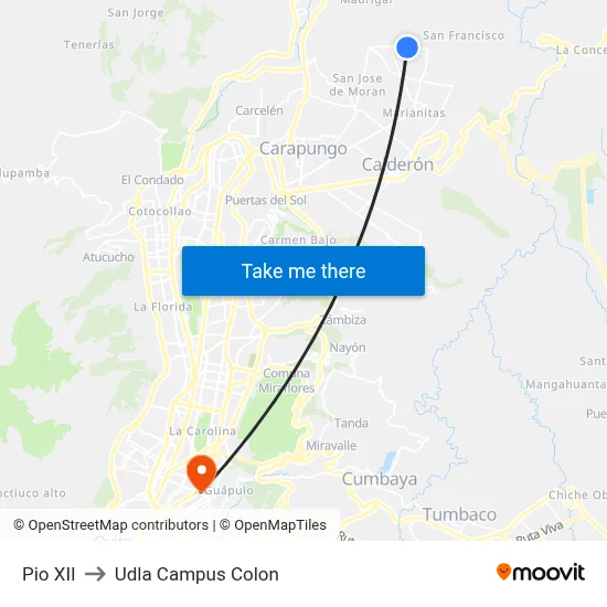 Pio XII to Udla Campus Colon map