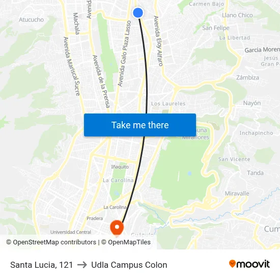 Santa Lucia, 121 to Udla Campus Colon map