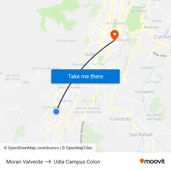 Moran Valverde to Udla Campus Colon map