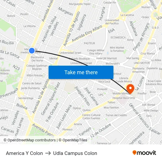 America Y Colon to Udla Campus Colon map