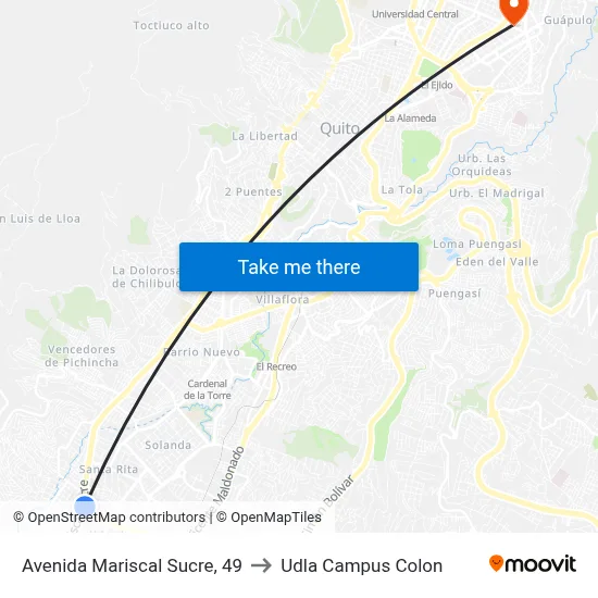 Avenida Mariscal Sucre, 49 to Udla Campus Colon map