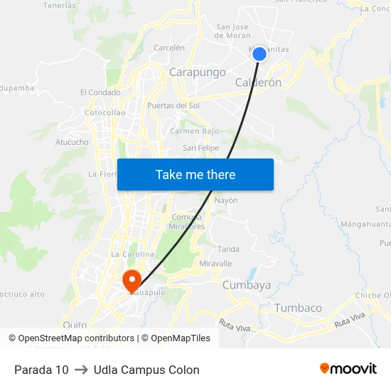 Parada 10 to Udla Campus Colon map