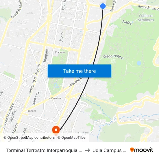 Terminal Terrestre Interparroquial Rio Coca to Udla Campus Colon map