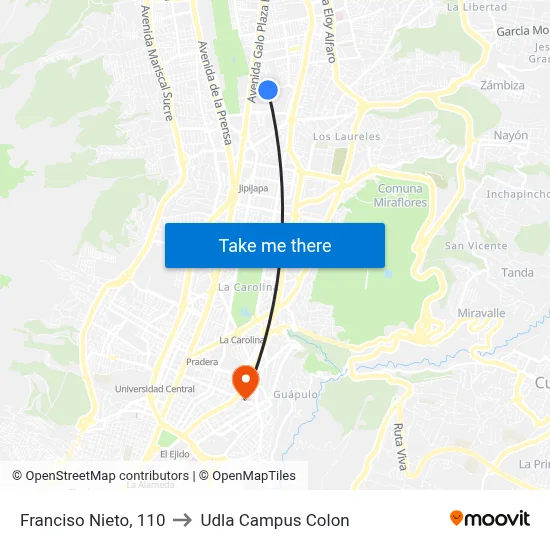 Franciso Nieto, 110 to Udla Campus Colon map