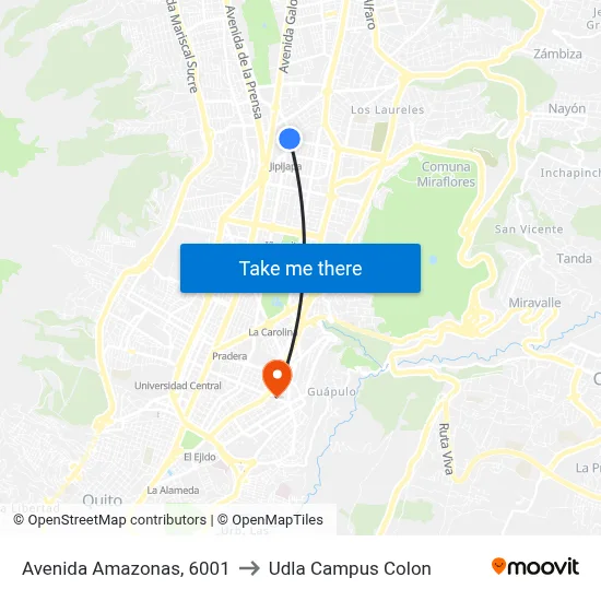 Avenida Amazonas, 6001 to Udla Campus Colon map