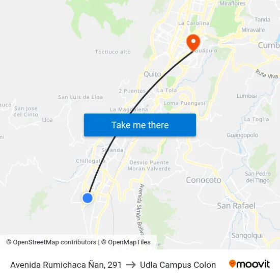 Avenida Rumichaca Ñan, 291 to Udla Campus Colon map