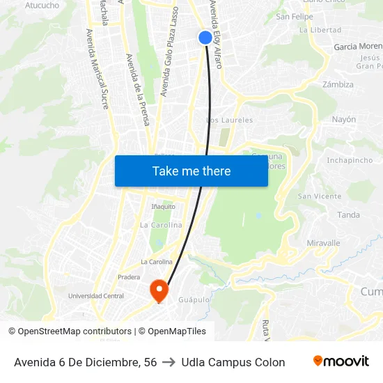 Avenida 6 De Diciembre, 56 to Udla Campus Colon map
