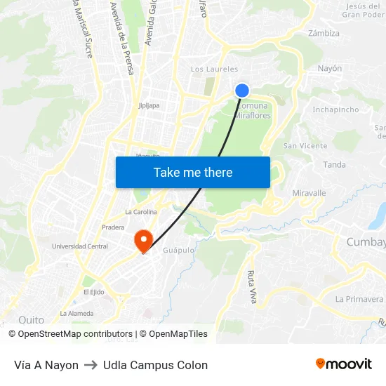 Vía A Nayon to Udla Campus Colon map