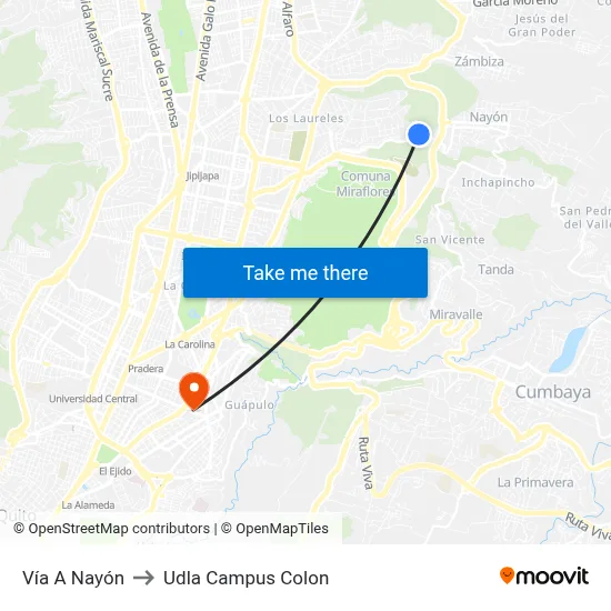 Vía A Nayón to Udla Campus Colon map