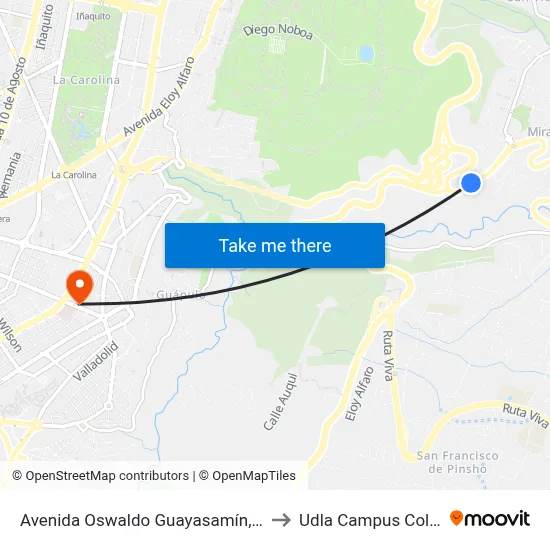 Avenida Oswaldo Guayasamín, 85 to Udla Campus Colon map