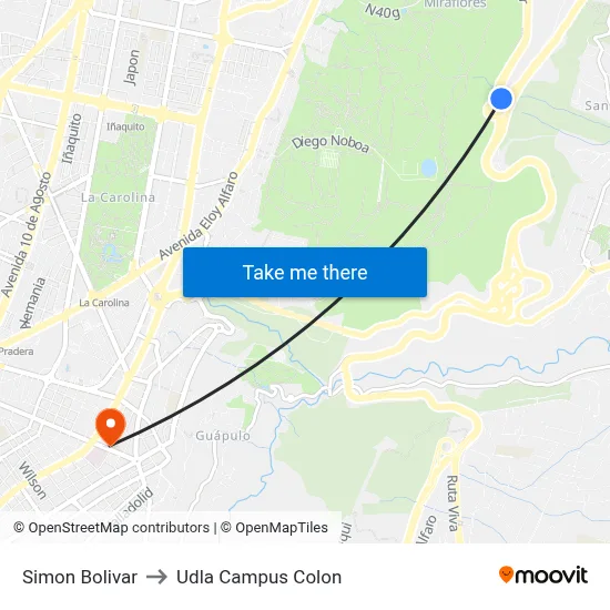 Simon Bolivar to Udla Campus Colon map