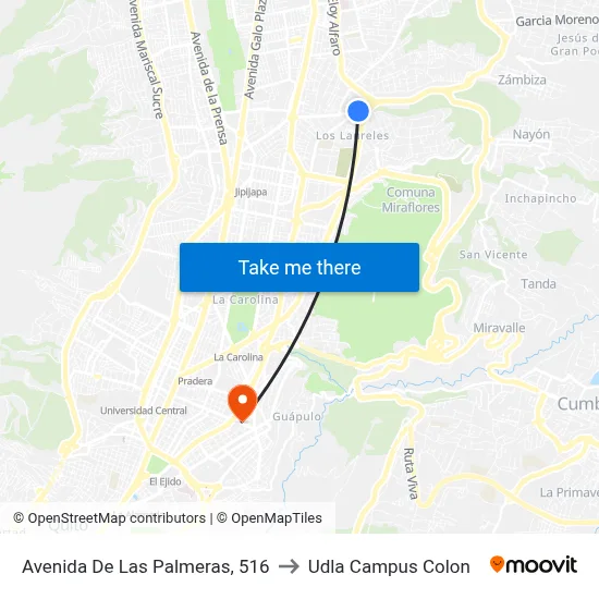 Avenida De Las Palmeras, 516 to Udla Campus Colon map