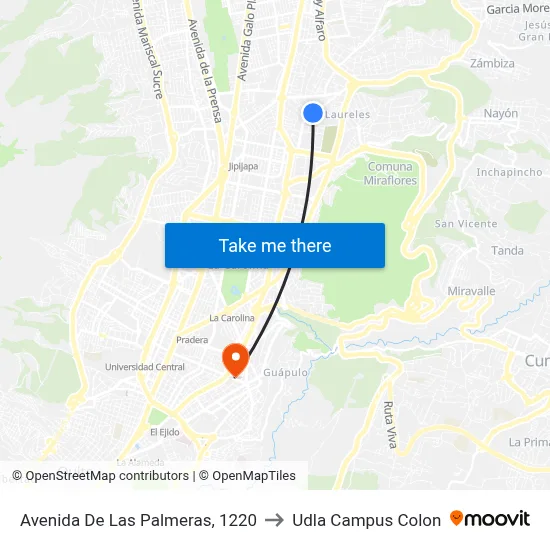 Avenida De Las Palmeras, 1220 to Udla Campus Colon map