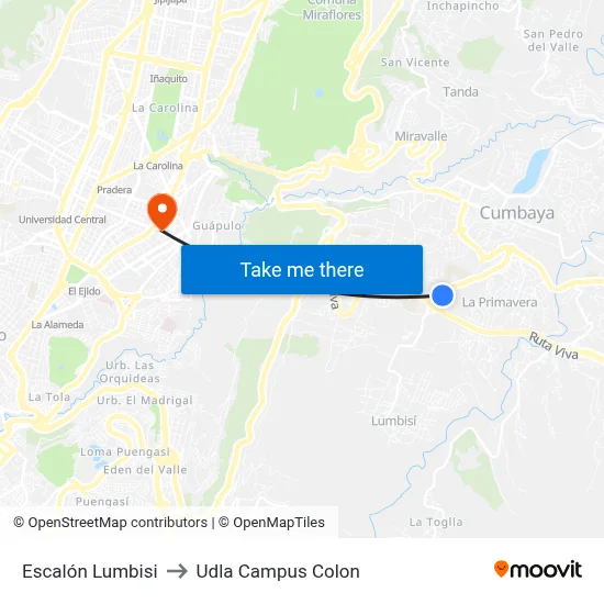 Escalón Lumbisi to Udla Campus Colon map