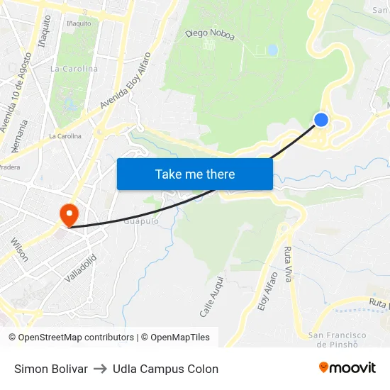 Simon Bolivar to Udla Campus Colon map