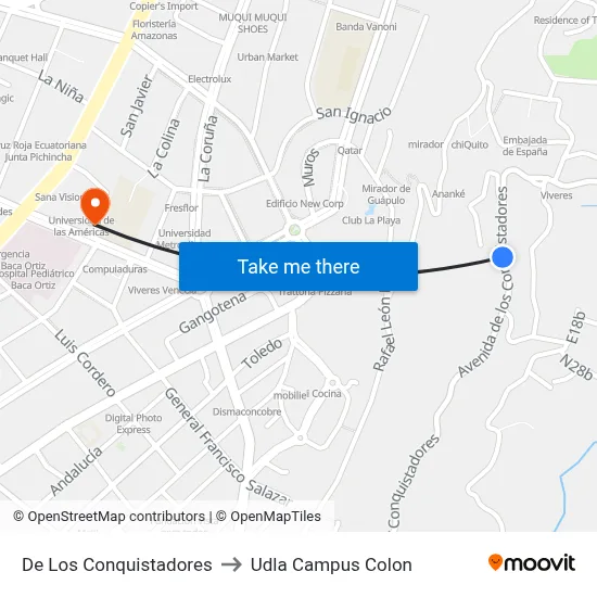 De Los Conquistadores to Udla Campus Colon map