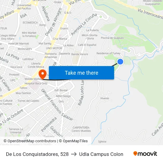 De Los Conquistadores, 528 to Udla Campus Colon map